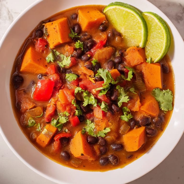 Close-up shot showing the rich, savory texture of homemade Sweet Potato & Black Bean Chili.
