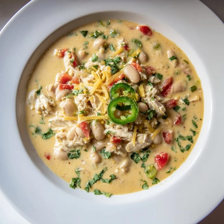 Garnished with fresh cilantro, this Creamy White Chicken Chili with Beans promises a flavorful, satisfying meal.