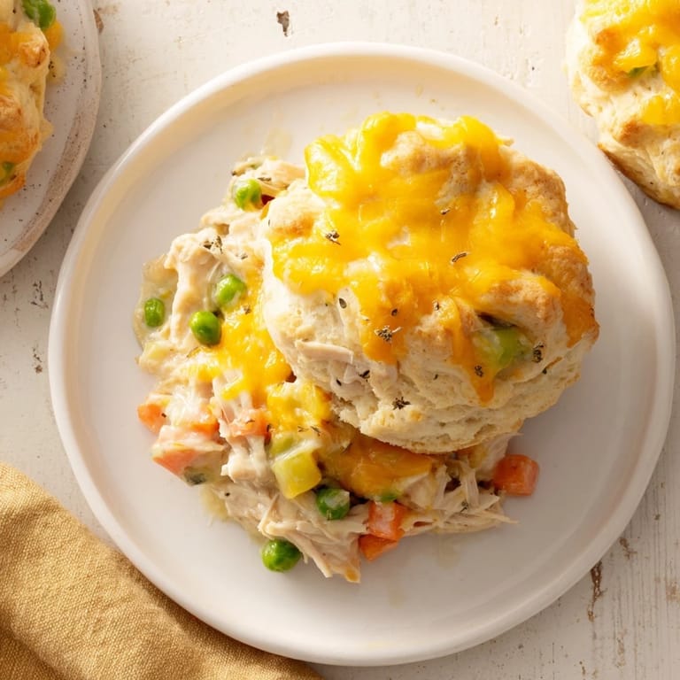 Warm and hearty One-Pan Chicken Cobbler, ideal for a family dinner with a flaky biscuit crust.