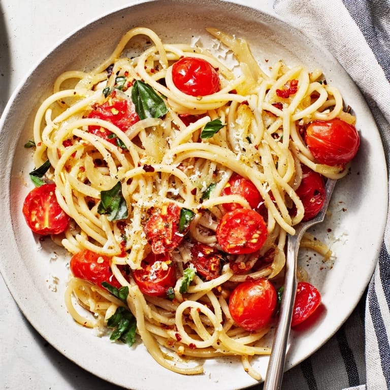 A close-up view of perfectly cooked Lazy-Girl Pasta, coated in a luscious tomato sauce, so easy!