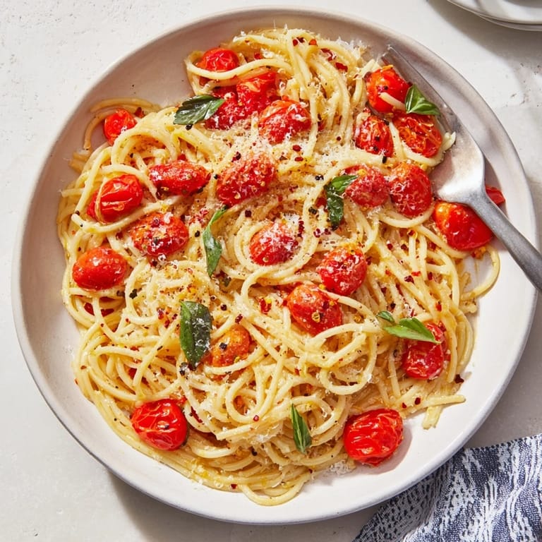 Bright, flavorful Lazy-Girl Pasta with fresh basil and tomatoes in a warm skillet, ready to serve.