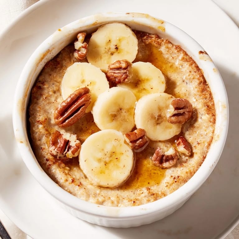 Close-up of Baked Oats Ramekins with Banana, glistening honey, offering a hearty, homemade breakfast.