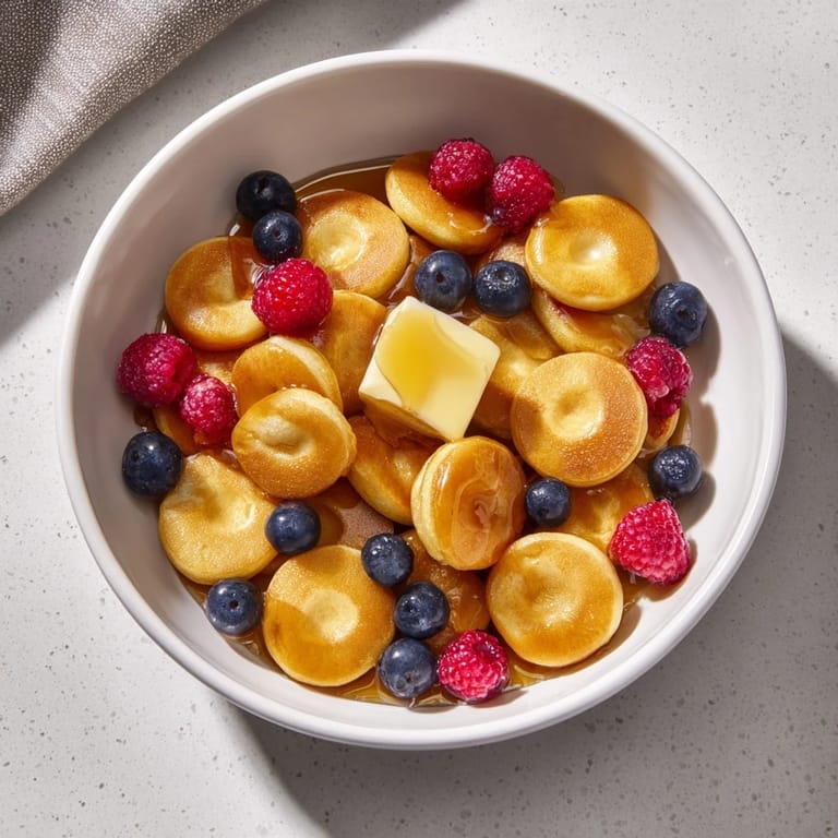 Small, golden brown Pancake Cereal is served in a bowl, ready to be enjoyed as a treat.