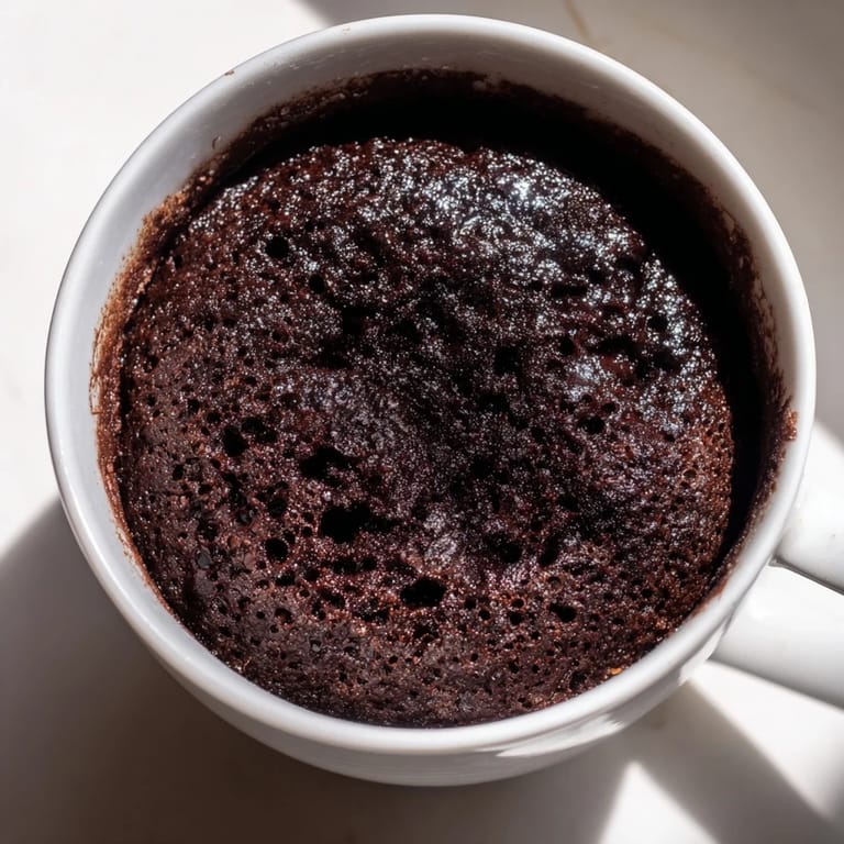 A rich, chocolatey microwave mug cake, a quick and easy single-serving dessert option.