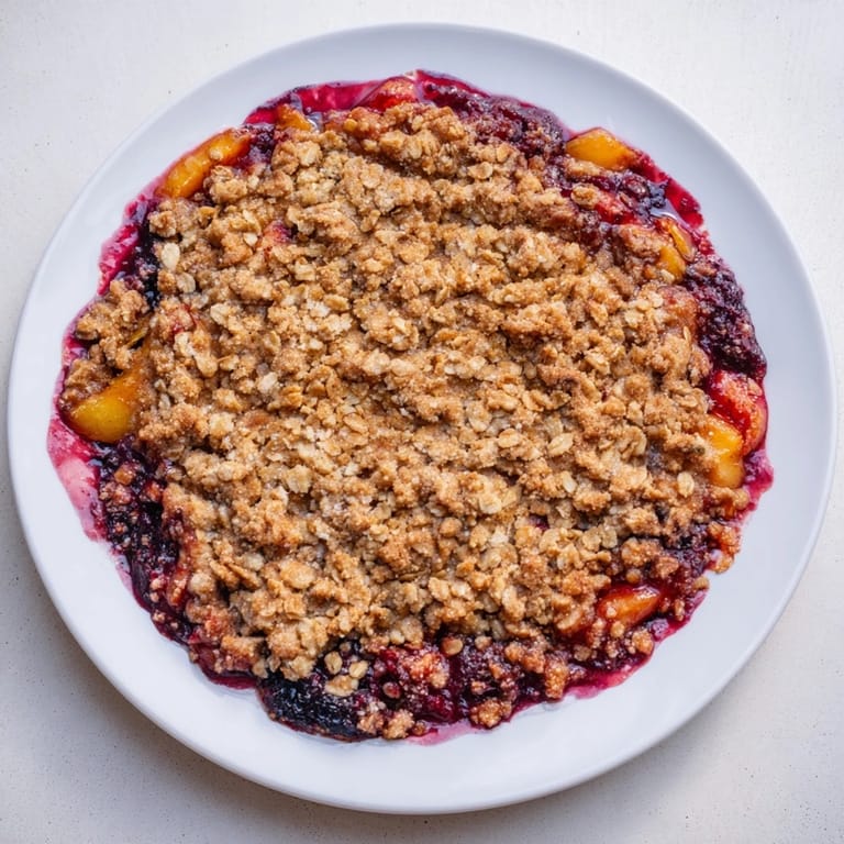 A close-up image of a bubbly Fruit Crisp with a crispy oat topping, ready to serve warm.