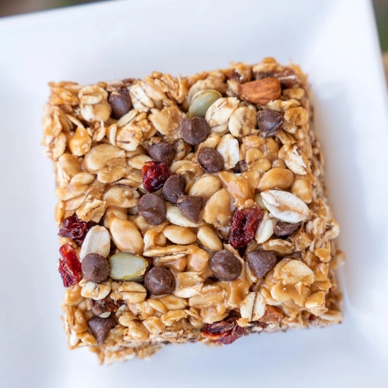 Perfectly baked homemade granola bars with visible nuts, seeds, and dried fruit, ready to snack on.