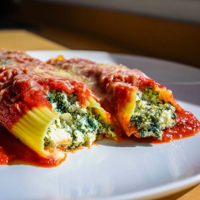 A close-up of baked Cozy Broccoli Stuffed Manicotti, showing the creamy filling and golden crust.