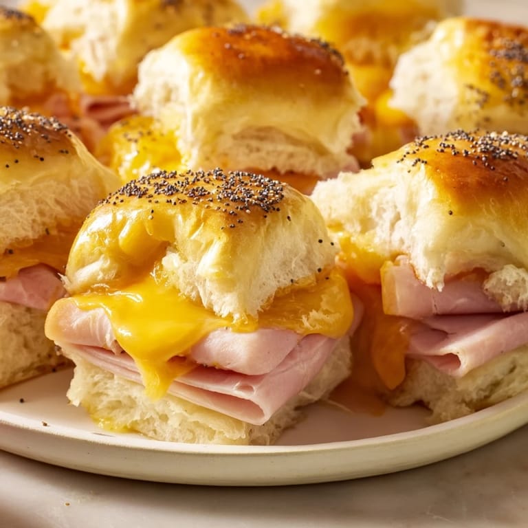 Warm, gooey Baked Ham and Cheese Party Sliders, perfect for your next gathering, smelling divine.