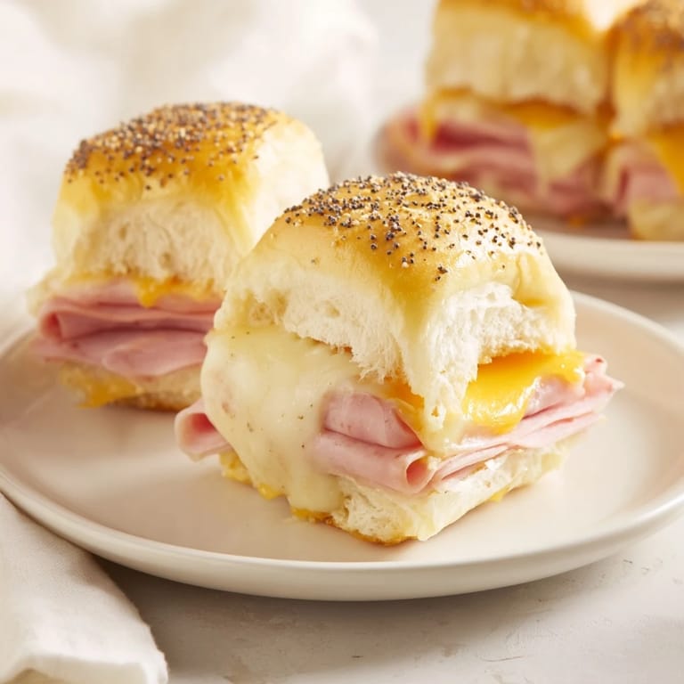 Mouthwatering, golden-brown Baked Ham and Cheese Party Sliders layered with ham and melted cheese.