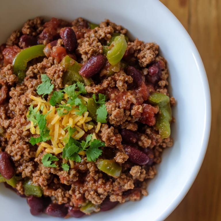 A close-up shot of rich, dark quick chili with visible beans and diced tomatoes, ready to serve.