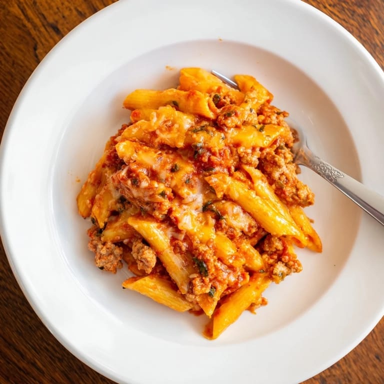 Melting mozzarella covers the rich tomato sauce and sausage in this delicious pasta bake.
