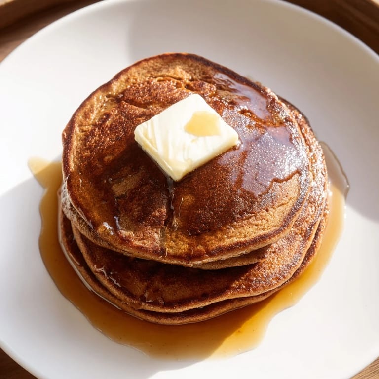 Stack of gingerbread pancakes with visible spices, ready to be enjoyed with butter and maple syrup.
