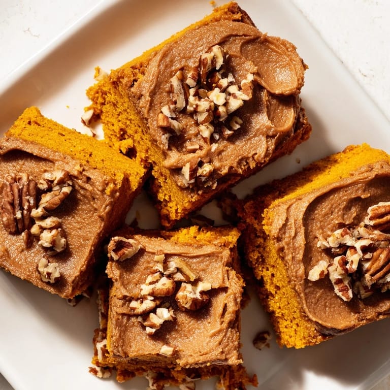 Homemade pumpkin bars, layered with a sweet, fluffy brown sugar cream cheese frosting.