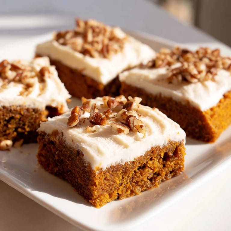 Close-up of frosted pumpkin bars, showing the creamy frosting and inviting spices.