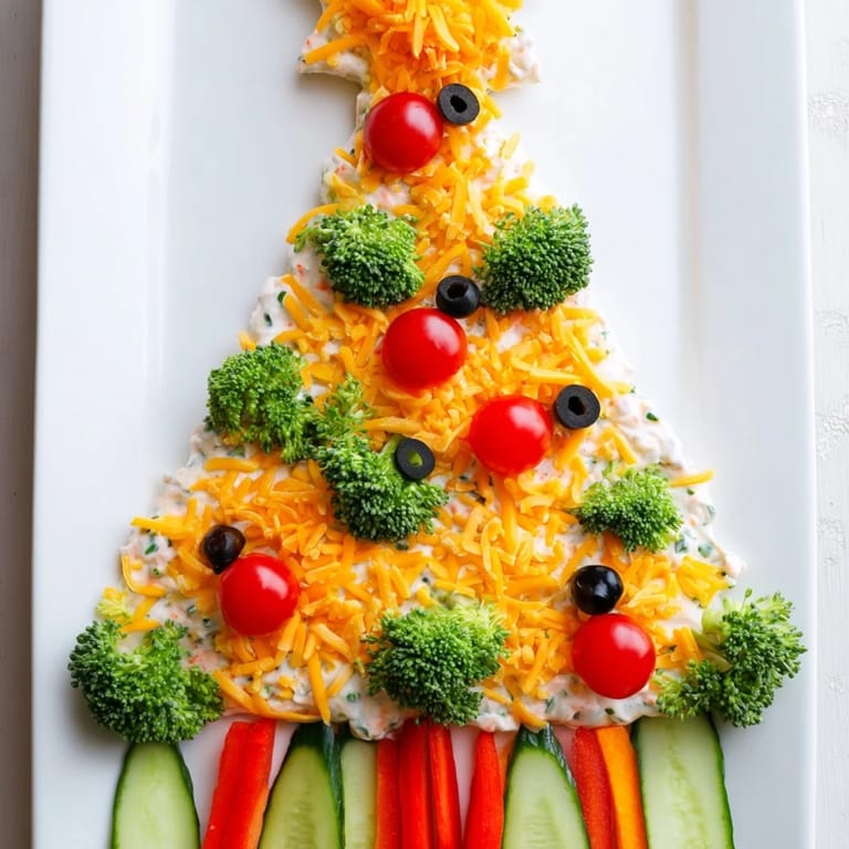 A beautiful Christmas tree made of creamy dip and fresh vegetables; try this Simplified version.