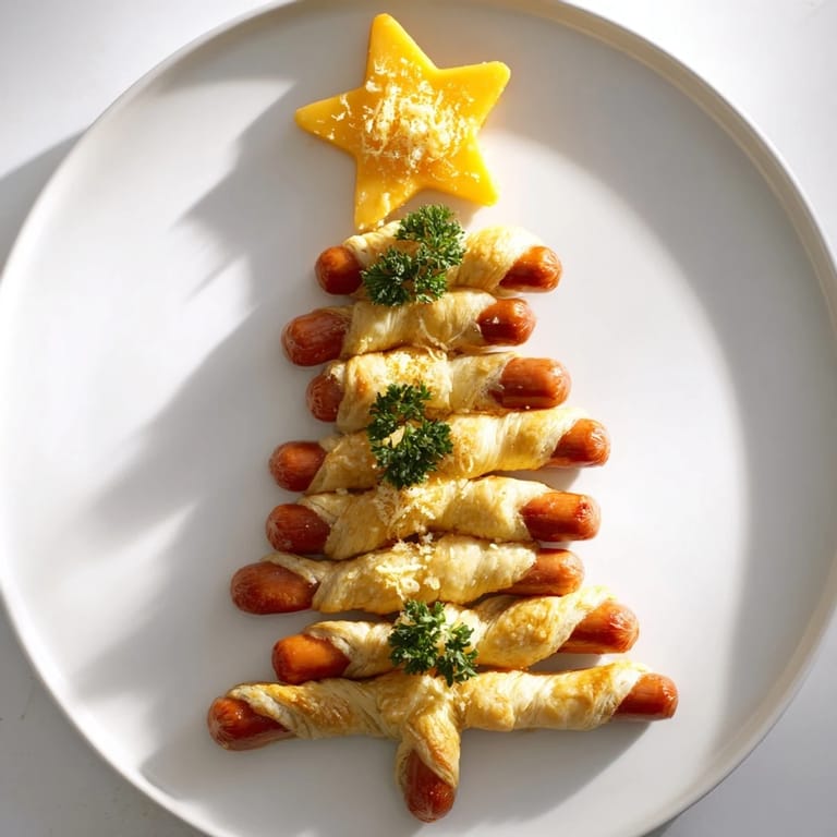 Flaky puff pastry wraps mini sausages, forming a delicious Express Pigs in Blanket Christmas Tree, served with dipping sauce.