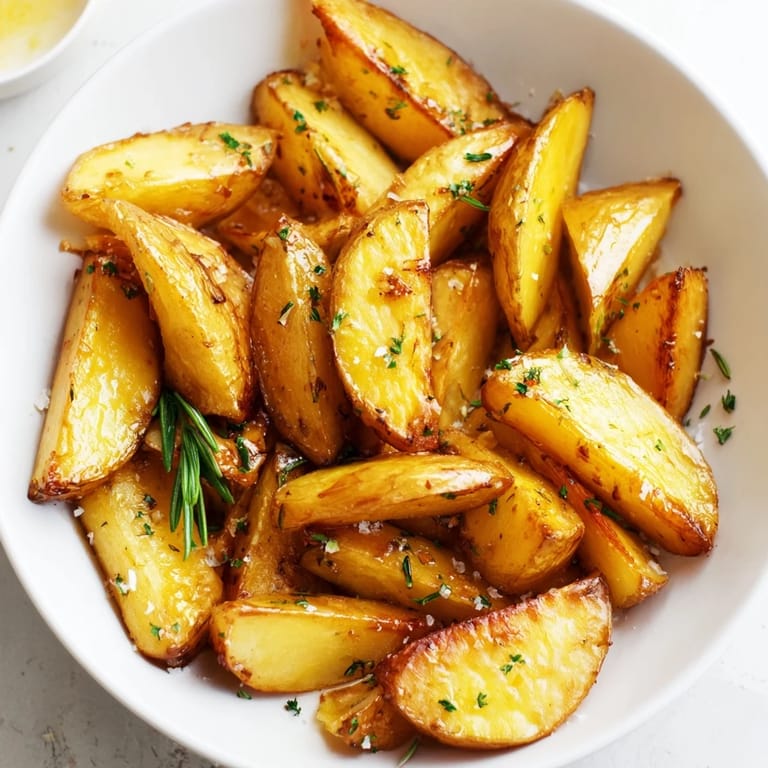 Imagine the savory aroma of these Quick Rosemary Roast Potato Wedges, seasoned with garlic and herbs.