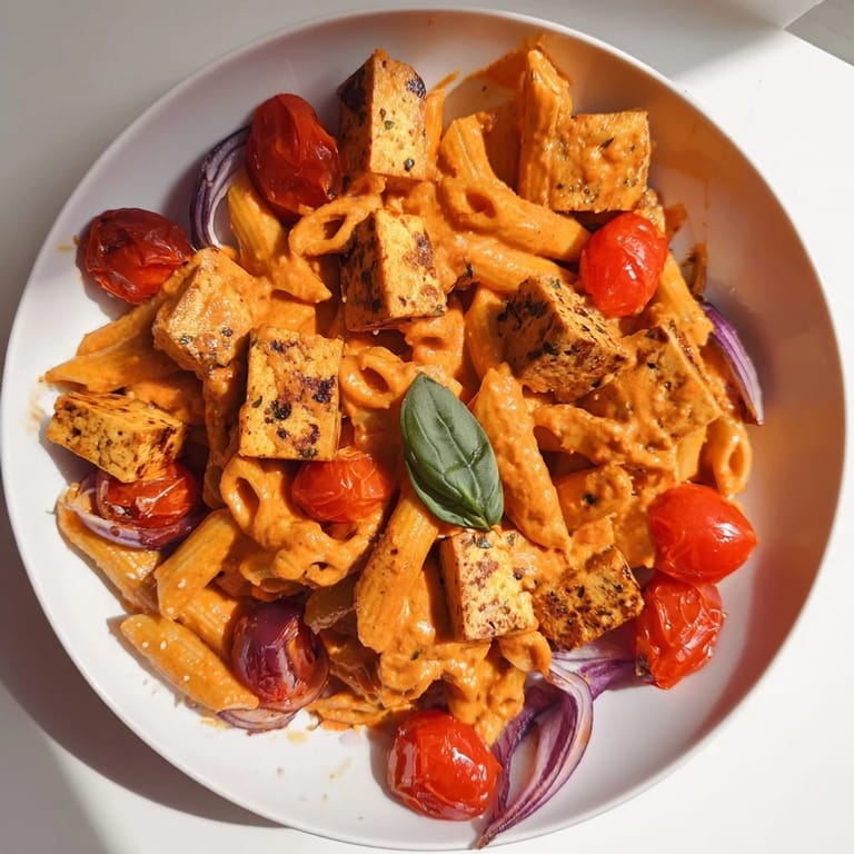 A close-up of creamy Vegan Baked Tofu Feta Pasta, garnished with fresh basil offering a vibrant finish.