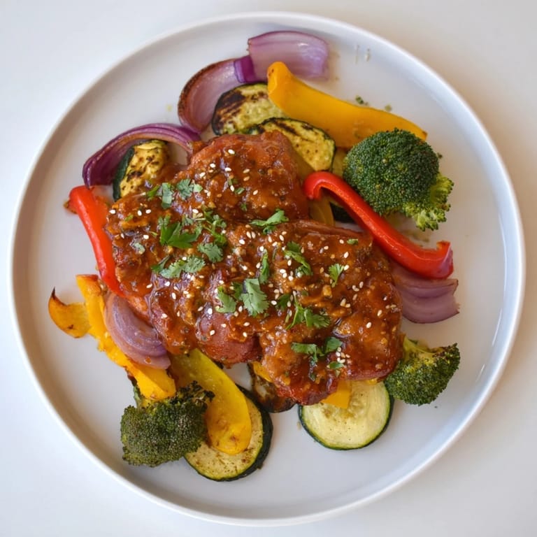 Sheet pan of Spicy Honey-Garlic Chicken, glistening with a sticky glaze, served with tender, vibrant veggies.