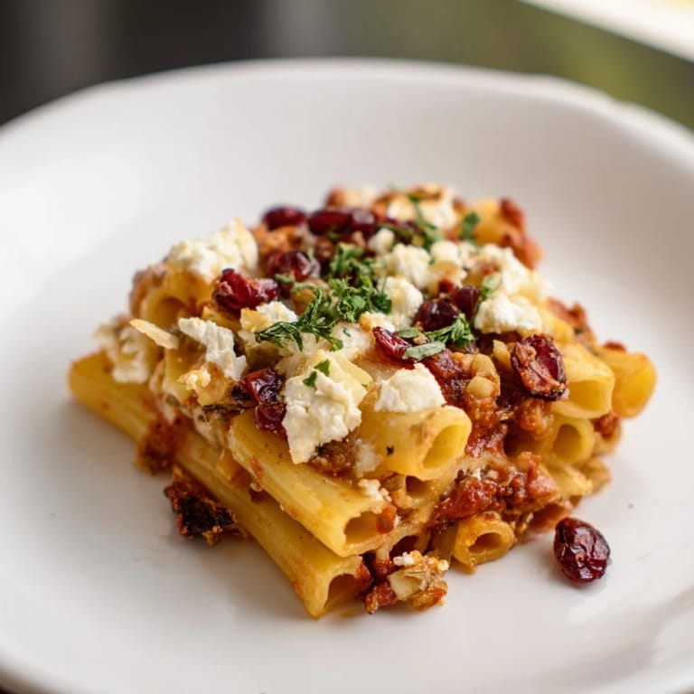A warm serving of Cranberry-Sage Feta Pasta Bake, showing the tender pasta and sweet-tart cranberry topping.