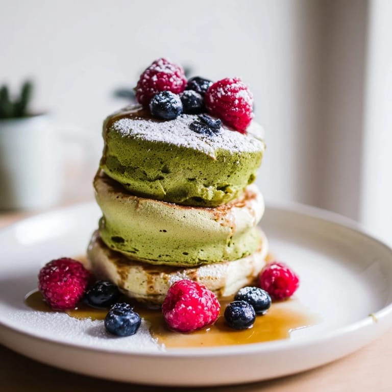Fluffy Egg White Gingerbread Matcha Soufflé Pancakes stacked high, drizzled with maple syrup and garnished with berries.