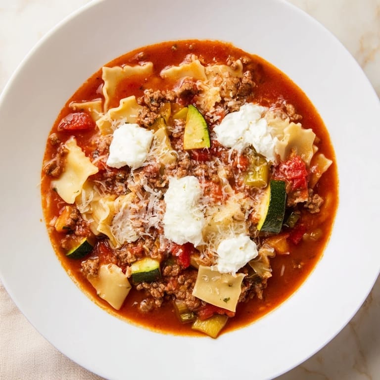 Enjoy a view of delicious Healthy Lasagna Soup, the perfect easy weeknight dinner.