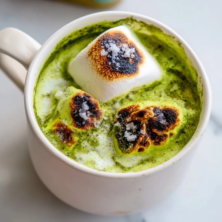 Rich, green Toasted Marshmallow Campfire Matcha Hot Cocoa offers a delightful blend of earthy matcha and sweet marshmallow.