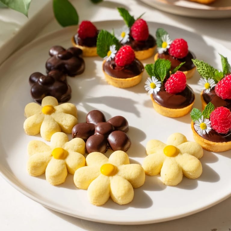 Delicate Daisy Chain Dessert Tray arrangement features varied textures, from tartlets to mini cookies, ready to eat.