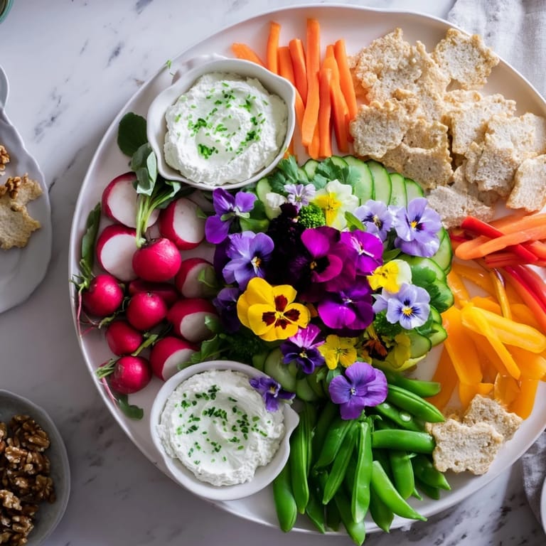 This colorful fairy garden platter showcases a beautiful array of fresh edible flowers and snacks.