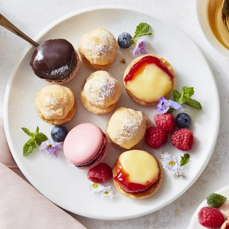 A delicious array of the Montgolfière dessert platter, showcasing colorful macarons and lemon tartlets.
