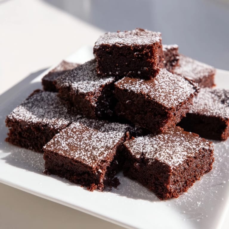 Freshly baked brownie squares, a delightful American treat, sprinkled with delicate powdered sugar.