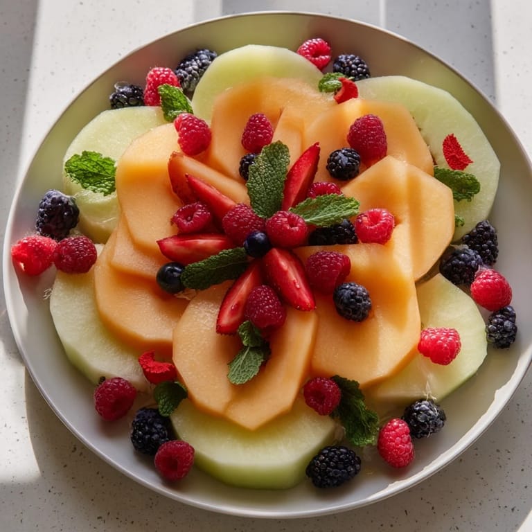 A colorful fruit platter, beautifully layered circles, showcases sweet melon and assorted berries for guests.