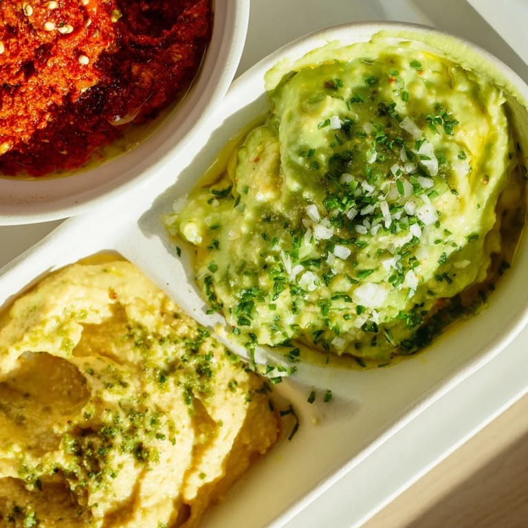 A delicious line-up of Dip Trio: colorful avocado, red pepper, and golden hummus on a platter.