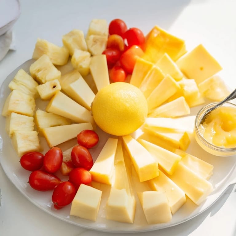 Vibrant arrangement of a Citrus Burst platter with colorful fruit and savory cheeses on display.