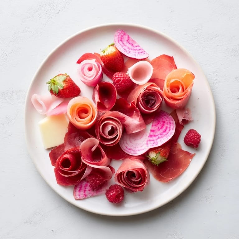 Enjoy a stunning Pink Petal Watercolor Wash, featuring thinly sliced radishes and berries for a colorful presentation.