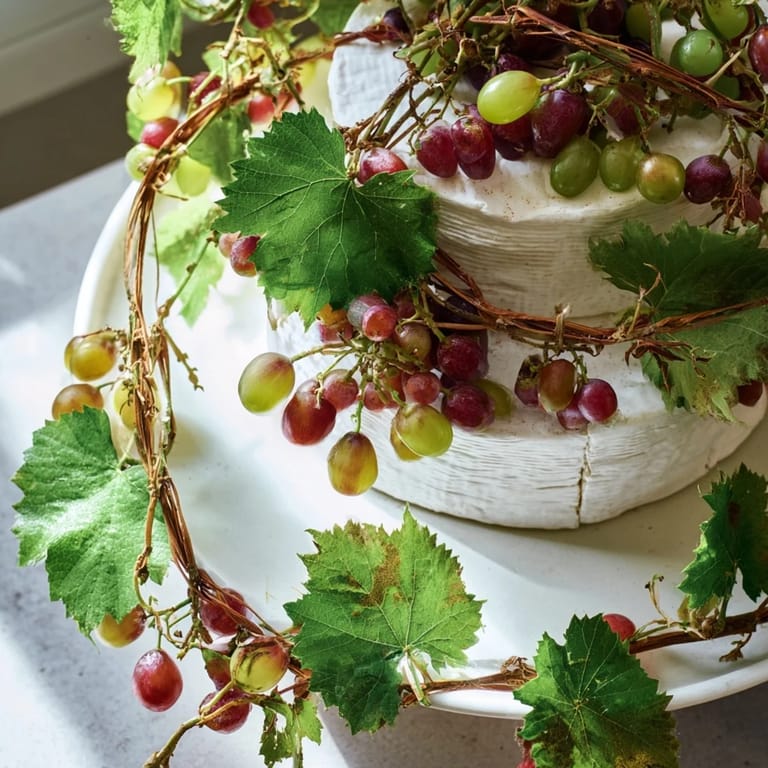A beautifully arranged The Rustic Vineyard cheese board displays grapevine-draped cheese ready for serving guests.