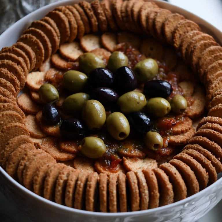 A delectable close-up of the Roman Colosseum snack platter, featuring olives as tasty gladiators.