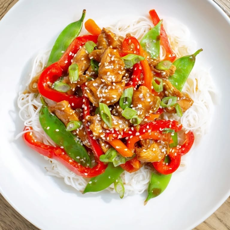 A delicious bowl of Mongolian Chicken, with noodles and a medley of stir-fried vegetables, ready to serve and enjoy.