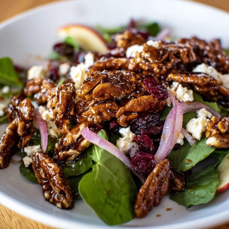 Fresh, vibrant Gingerbread Spiced Candied Pecan Salad with goat cheese and maple vinaigrette dressing.