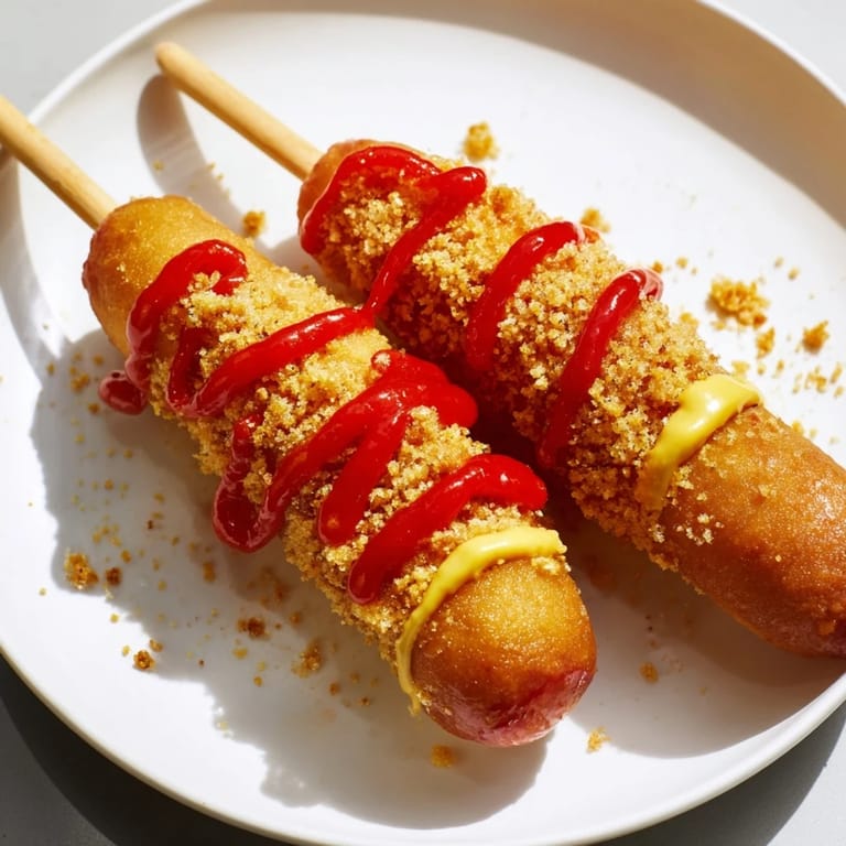 A close-up of a delicious Korean-inspired corn dog, showcasing the perfect, golden-brown crust.
