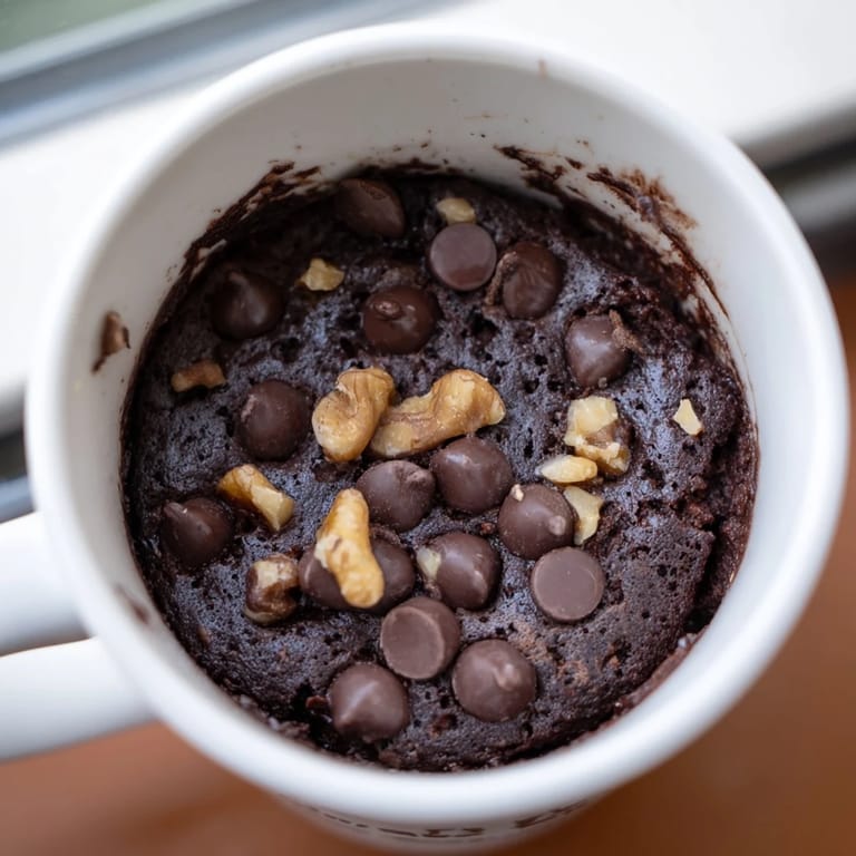 This easy Mug Brownie recipe shows a rich, chocolatey single serving in a ceramic mug.