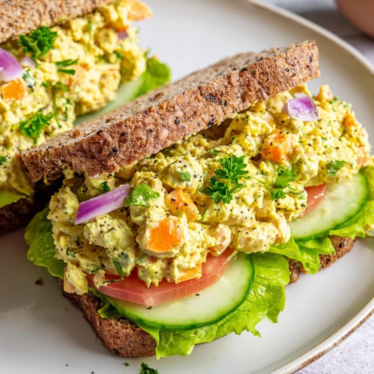 Forkful of savory chickpea salad mixture before assembling the easy sandwich on sliced bread.