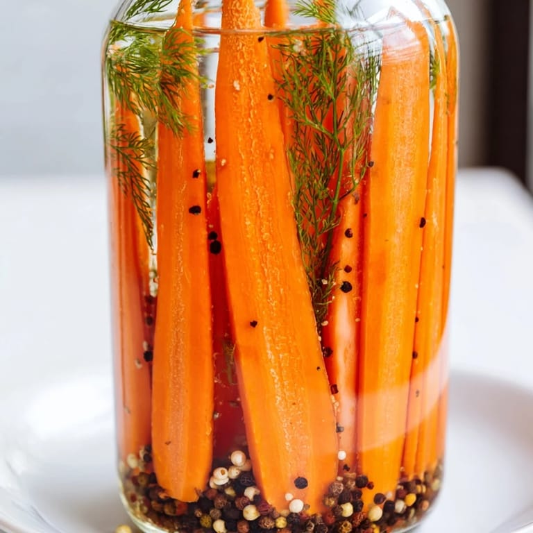 Tangy Quick Pickled Carrot Spears, perfectly preserved and ready to add flavor to your favorite dishes, like tacos.