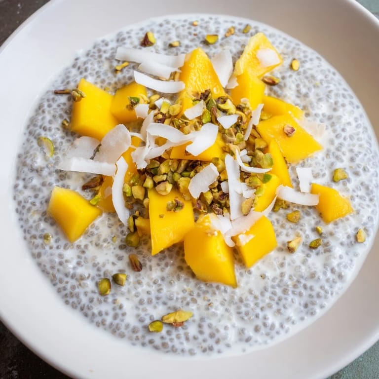 Vibrant Mango Coconut Chia Pudding; a chilled, layered dessert perfect for a hot summer day.