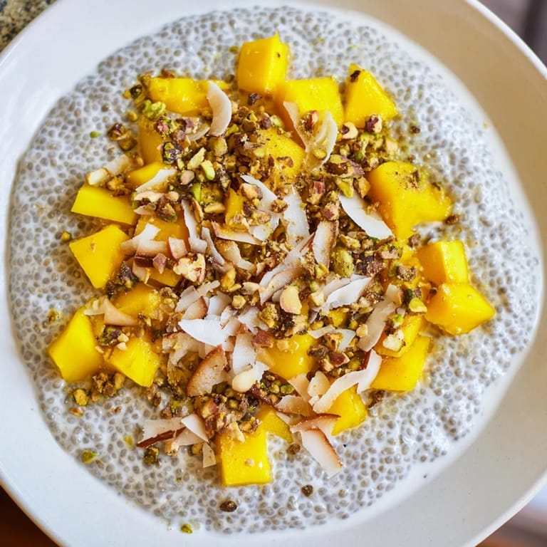 A beautiful close-up of Mango Coconut Chia Pudding, garnished with toasted coconut flakes.