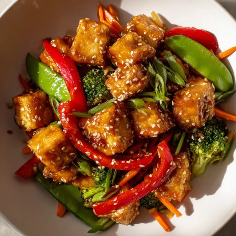 A steaming bowl of Sesame Ginger Tofu Stir-Fry with tender noodles and a glossy, flavorful sauce.