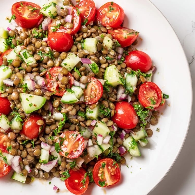 The fresh and flavorful lentil salad, tossed in a tangy vinaigrette, is perfect for serving.