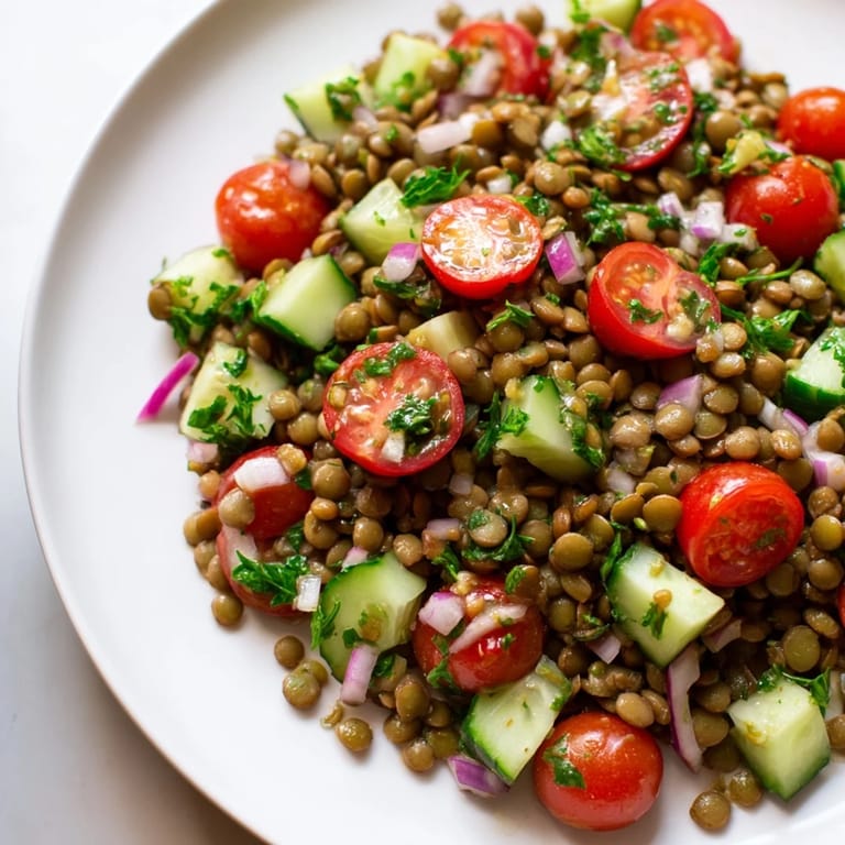 A close-up of a delicious lentil salad, showing the vibrant mix of lentils and vegetables.