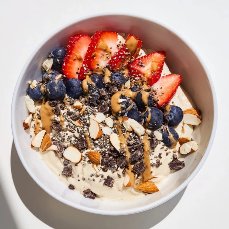 Enjoy this simple, homemade Protein Ice Cream Bowl topped with nuts and chocolate chips for a great flavor.