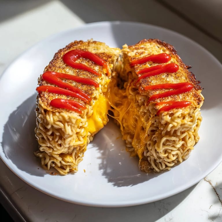 Get a close-up of this delicious instant ramen grilled cheese, perfectly grilled and ready to enjoy.